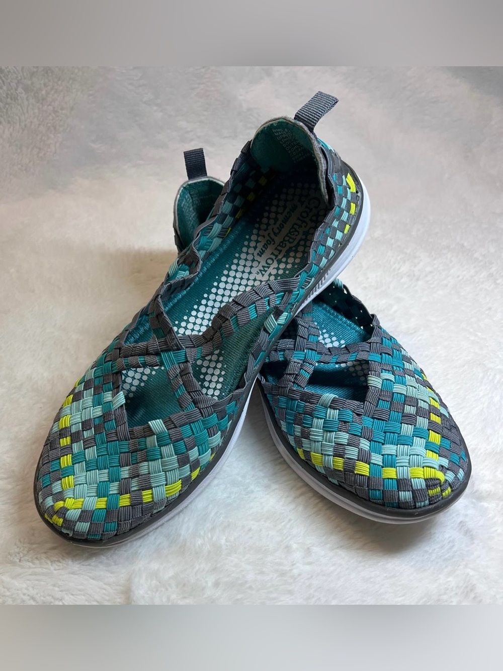 croft & barrow Teal Gray and Yellow Woven Slip-On Flats